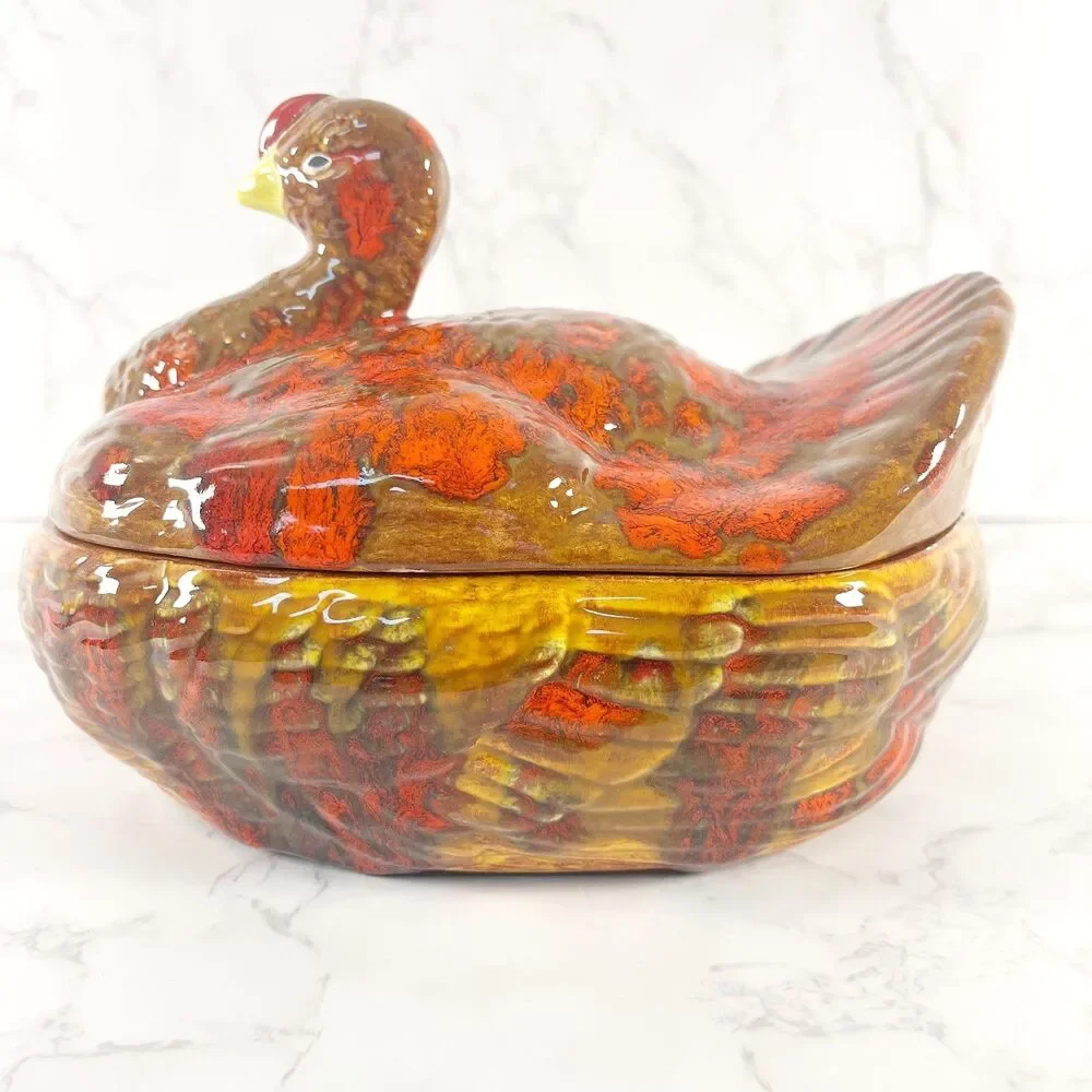 Vintage 1970s Ceramic Turkey Tureen with Lid Drip Glaze Fall Casserole Dish